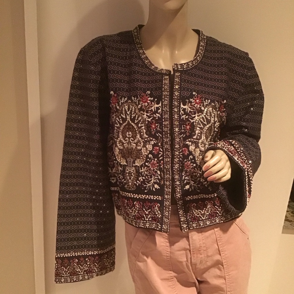NWT Soft Surroundings Black Beaded Sequins Mandala Bolero Cropped Jacket 2X $140